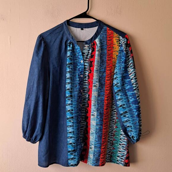 Unknown Blue Multicolored 3/4 Sleeve Button Front Crewneck Blouse - Size S - Picture 3 of 11